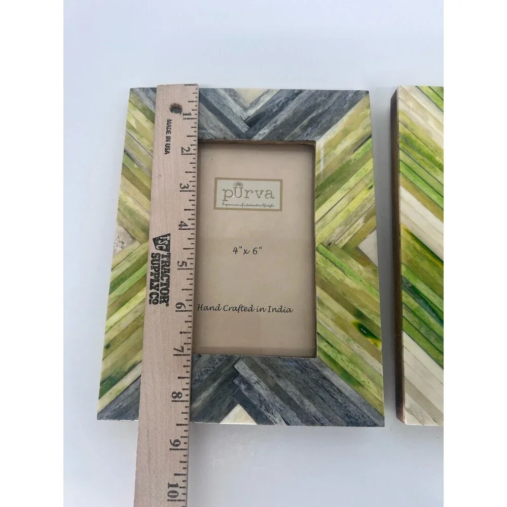 2 Purva Picture Frames Hand Crafted In India 4x6 Photos Green Gray Beige
